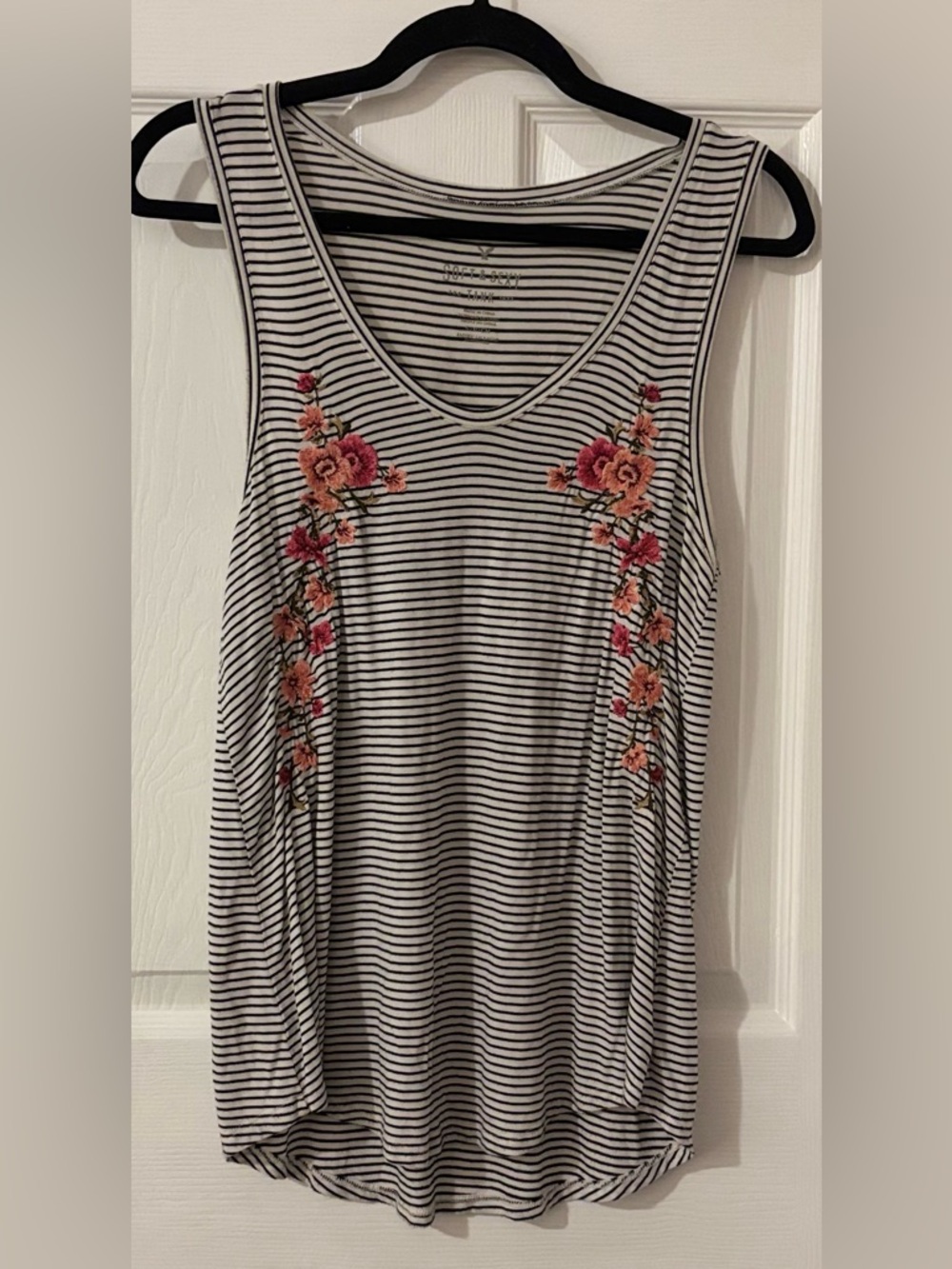 American Eagle Outfitters Black & White Striped Tank with Pink Floral Embroidery